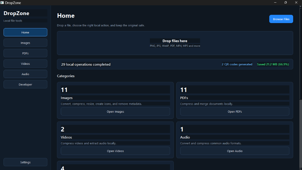 DropSpher Desktop Application Interface showing local privacy-first conversion dashboard