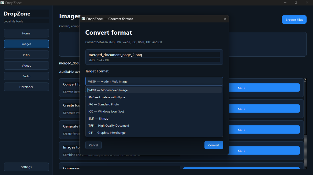DropSpher Fast Format Selection Dialog interface